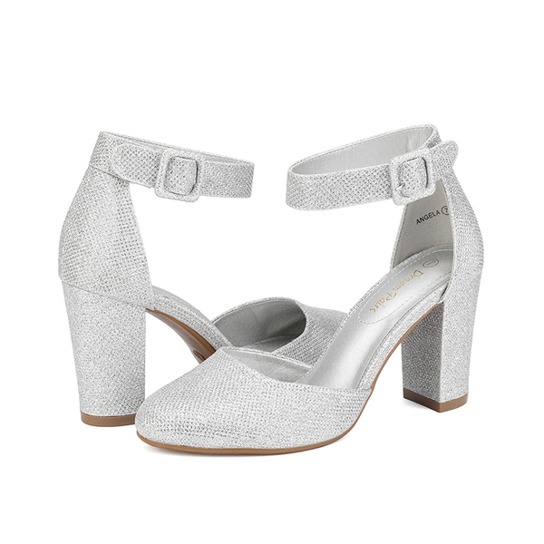 Round Toe Chunky Heel Pumps - SILVER GLITTER - 3